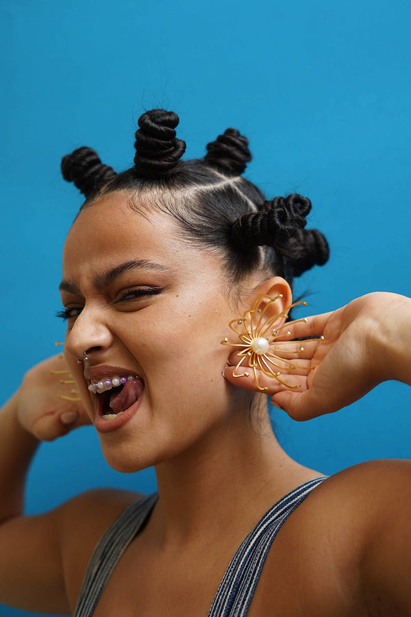 Dandelion Flower Oversized 3D Statement Earrings With Pearls