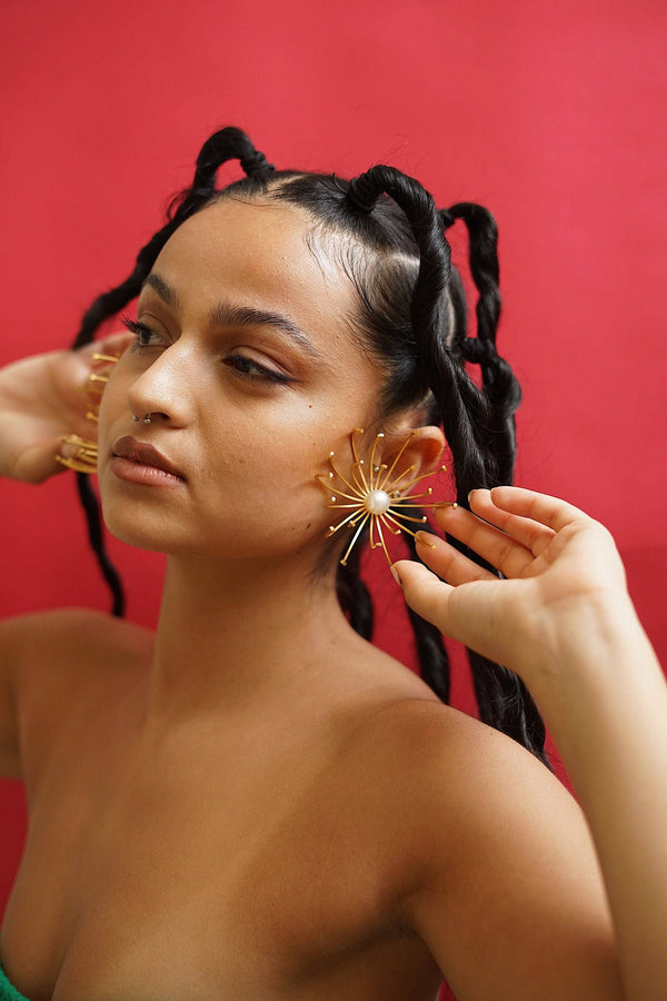 Dandelion Flower Oversized 3D Statement Earrings With Pearls