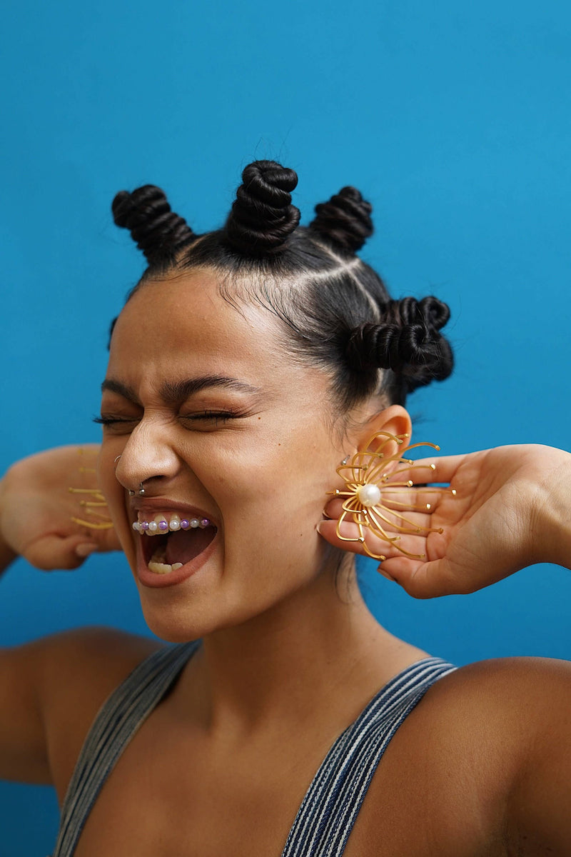 Dandelion Flower Oversized 3D Statement Earrings With Pearls
