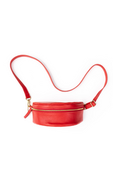Red waist bag with a strap on a white background