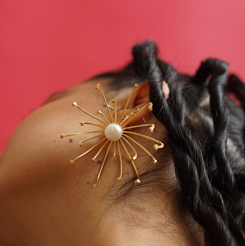 Dandelion Flower Oversized 3D Statement Earrings With Pearls