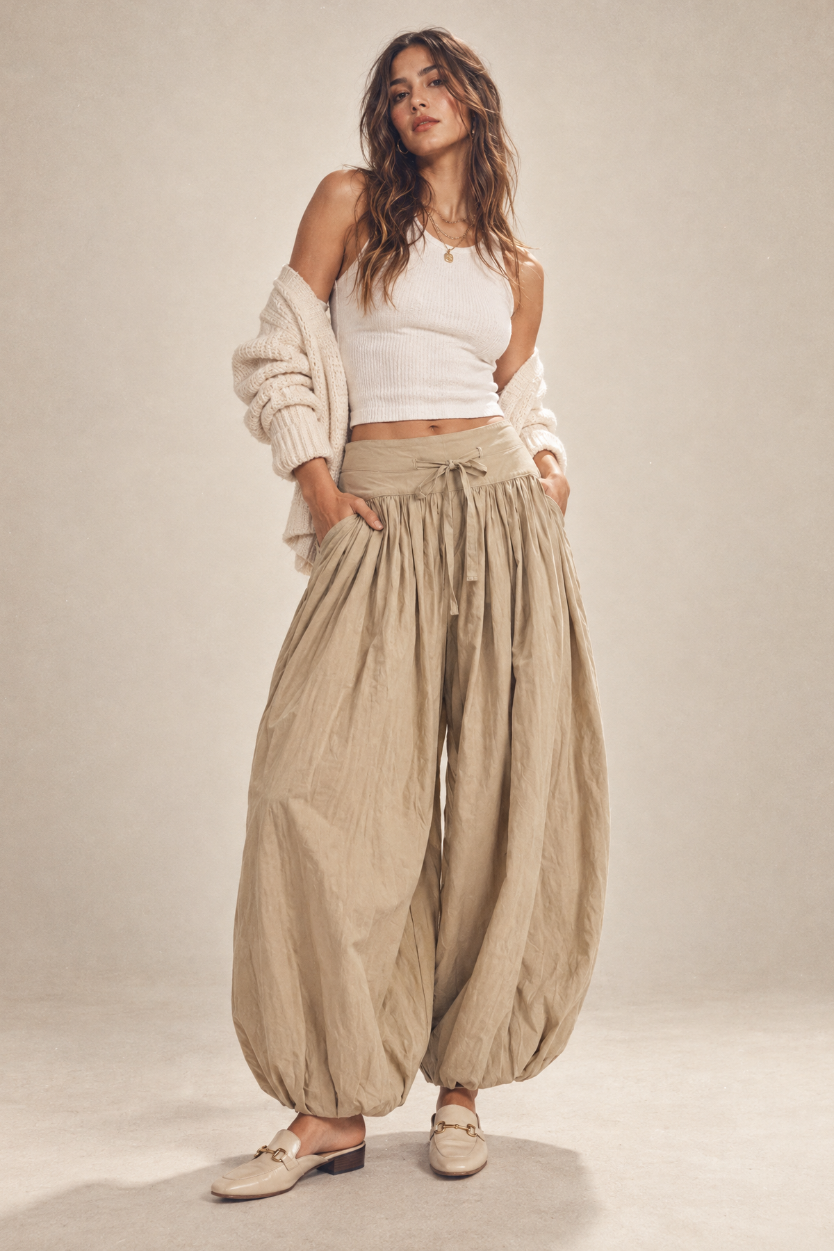 clean, editorial, cool, trendy styling, for fall fashion, with mule style shoes @Utility Pleated Balloon Leg Pants