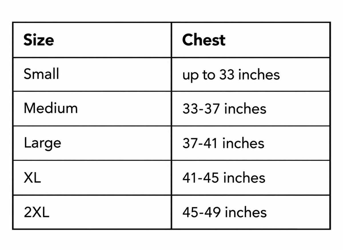 Janell's chest size guide: S up to 33 inches; M 33–37; L 37–41; XL 41–45; XXL 45–49.